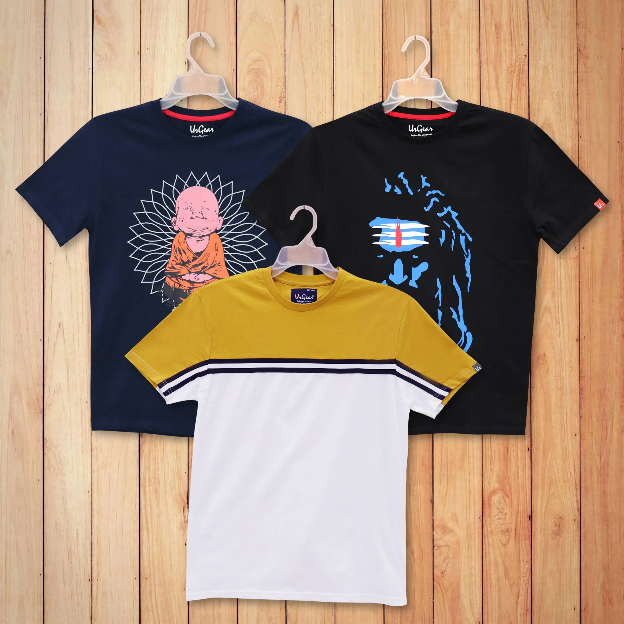 Men Printed & Colorblocked Round Neck Regular Fit Casual Tshirt Combo Pack of 3 (Navy Blue, Black, White)
