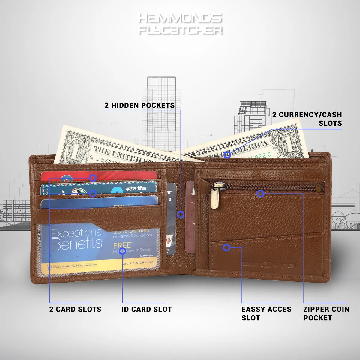 Men's Bifold Branded Wallet - Genuine Leather Money Purse with RFID Protected, 6 ATM Card Holders and More