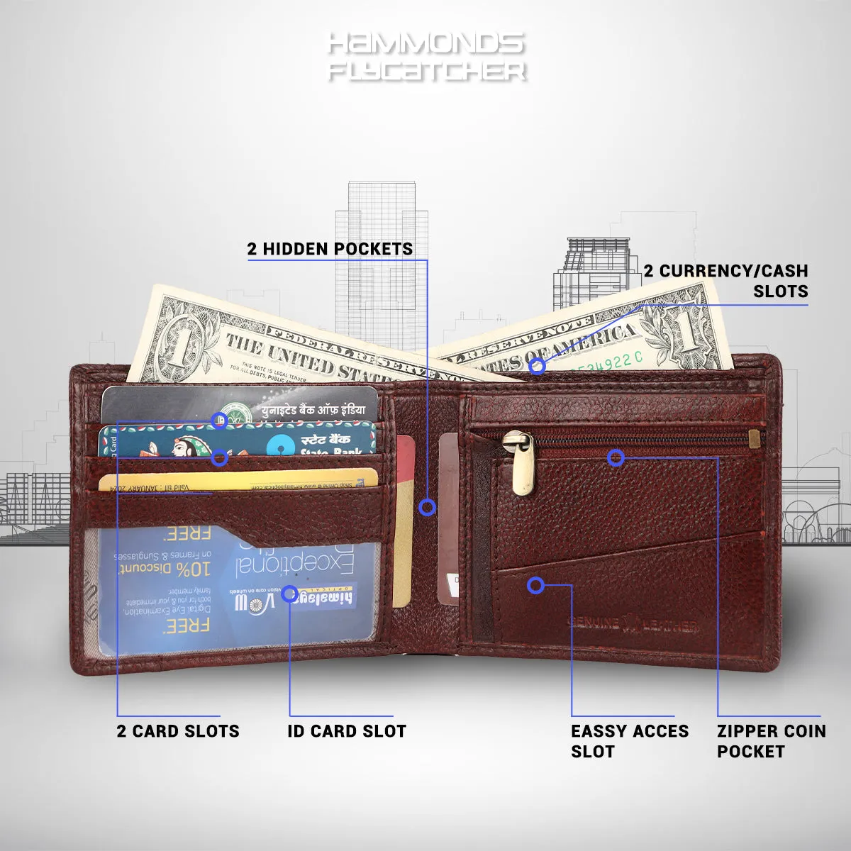 Men's Bifold Branded Wallet - Genuine Leather Money Purse with RFID Protected, 6 ATM Card Holders and More