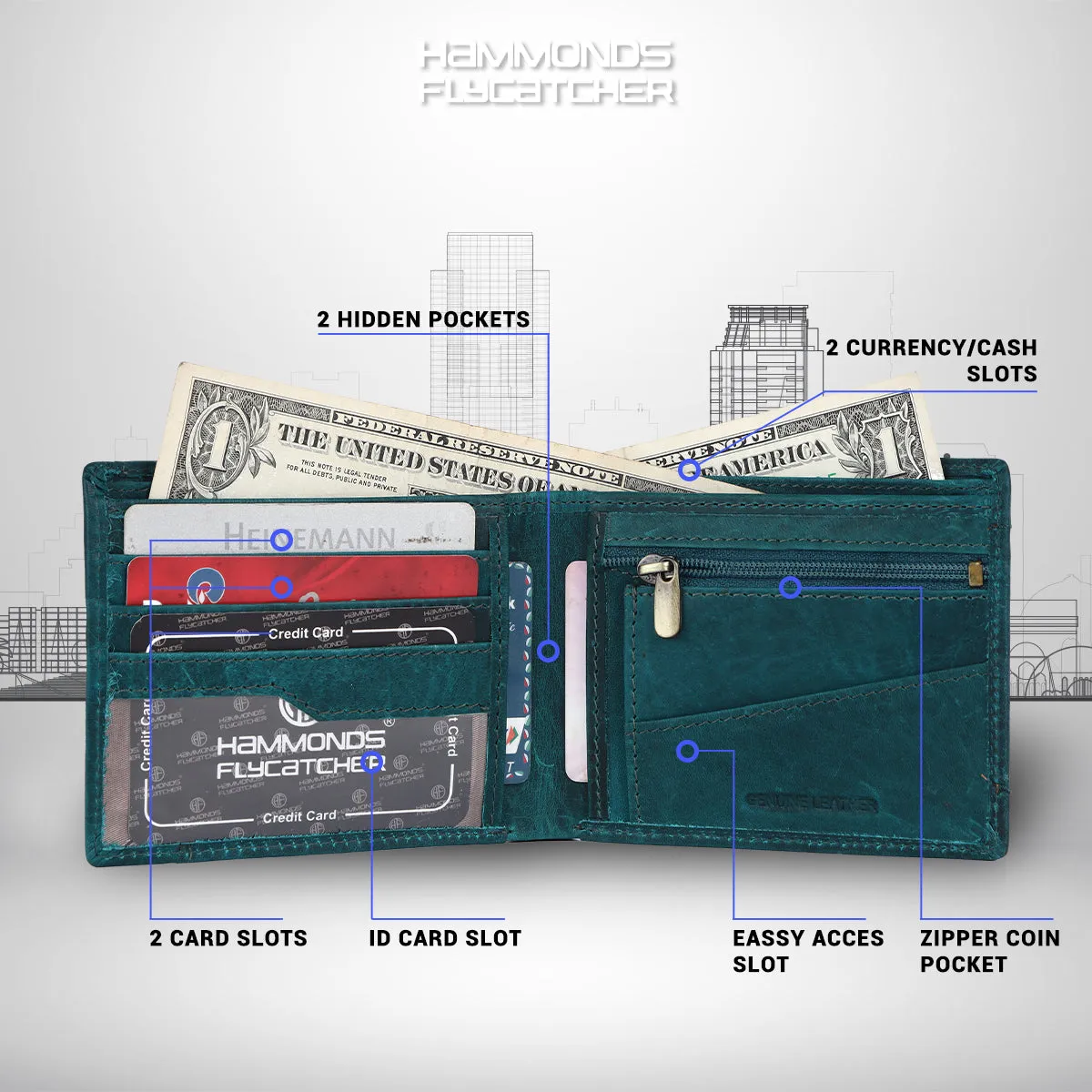 Men's Bifold Branded Wallet - Genuine Leather Money Purse with RFID Protected, 6 ATM Card Holders and More