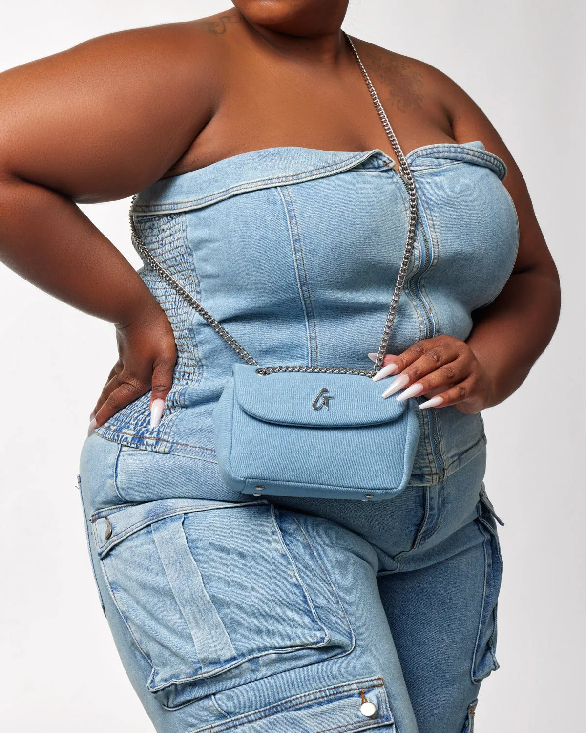 MINI DENIM SILVER FLAP BAG