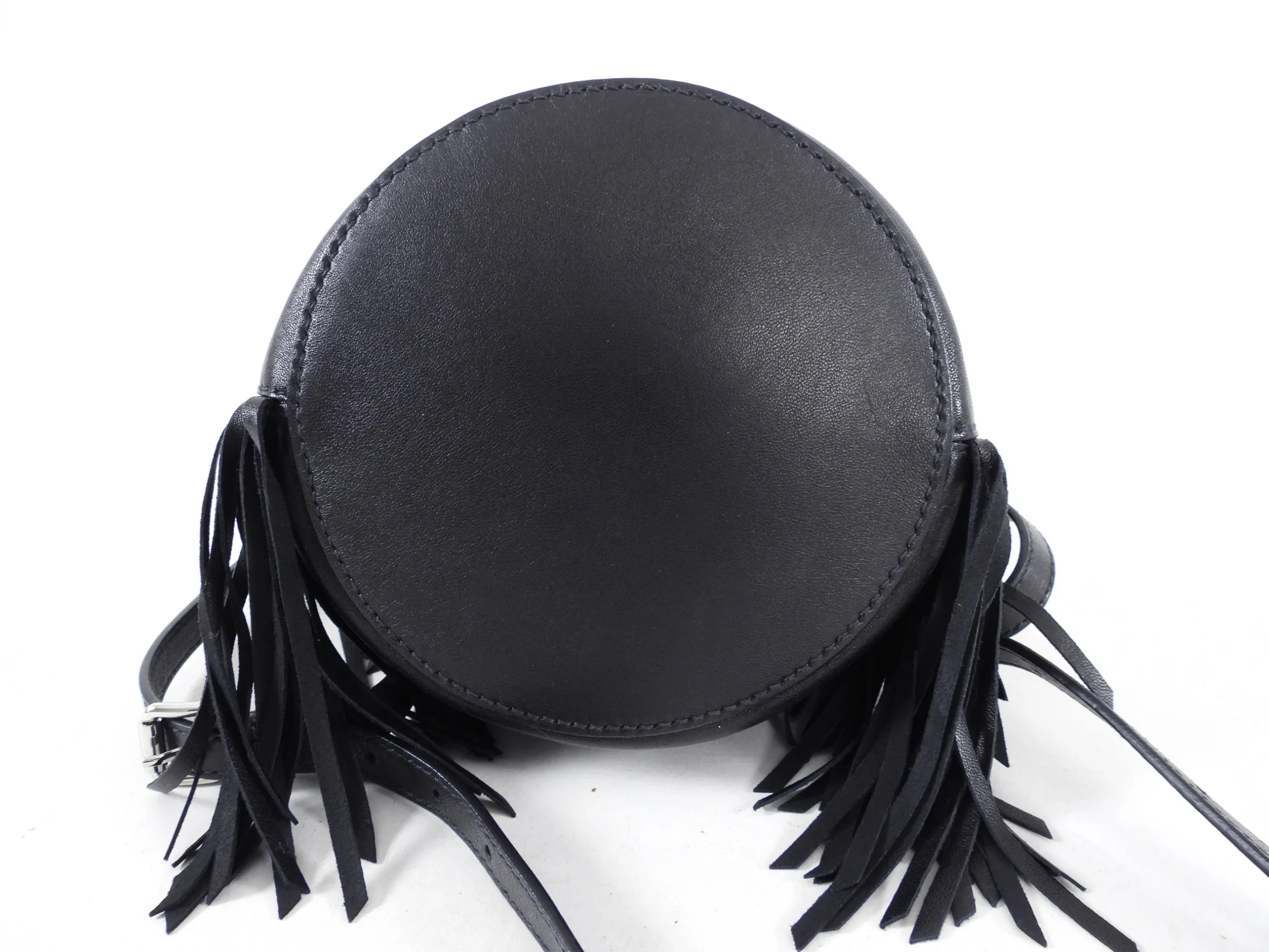 Miu Miu Black Leather Fringe Drawstring Bucket Bag