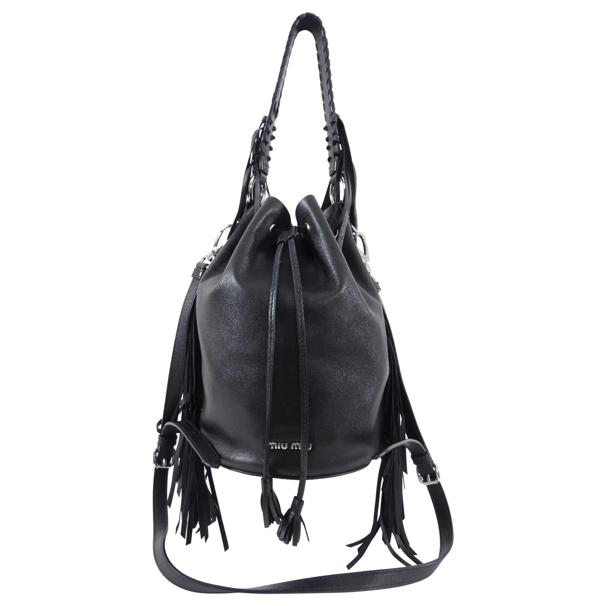 Miu Miu Black Leather Fringe Drawstring Bucket Bag