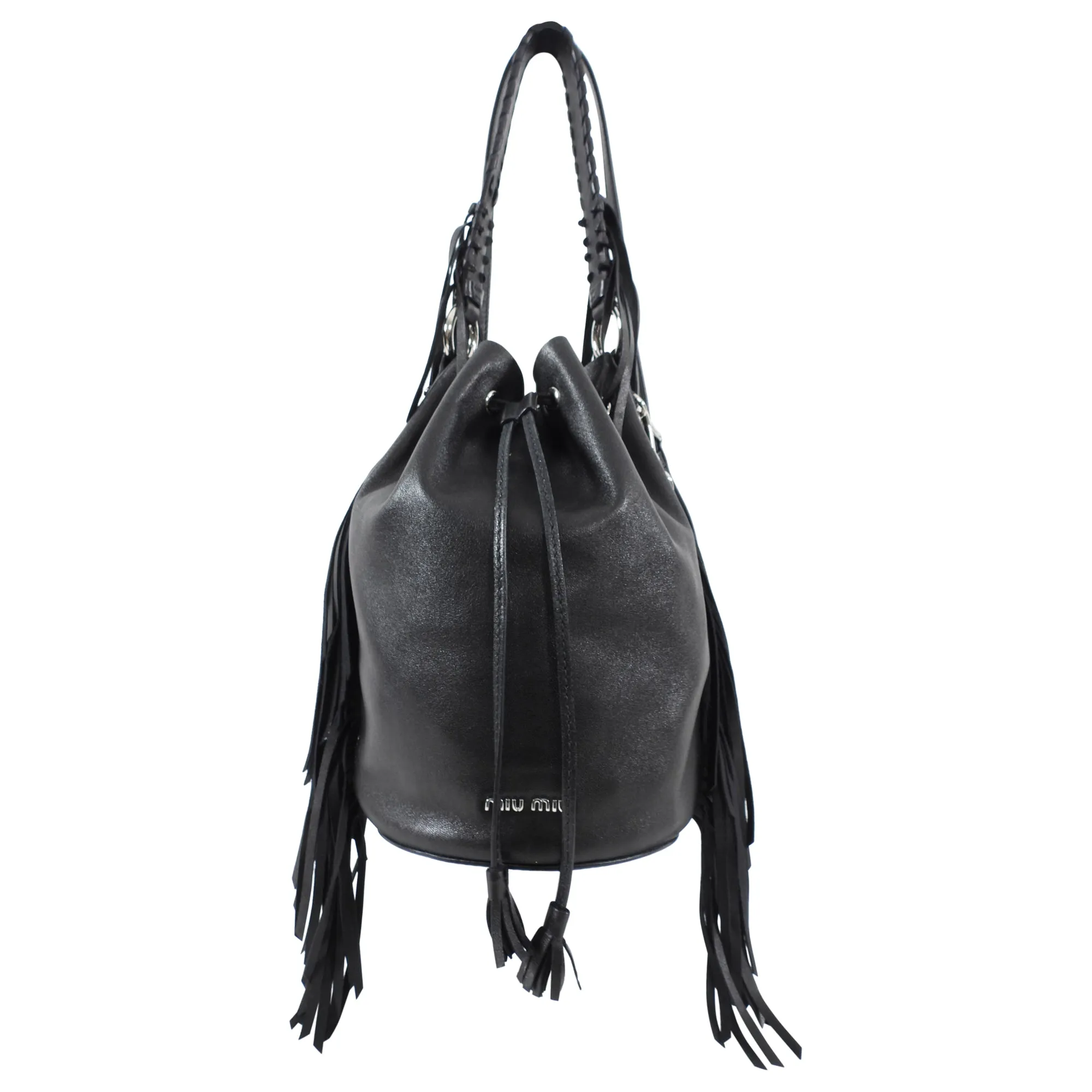 Miu Miu Black Leather Fringe Drawstring Bucket Bag
