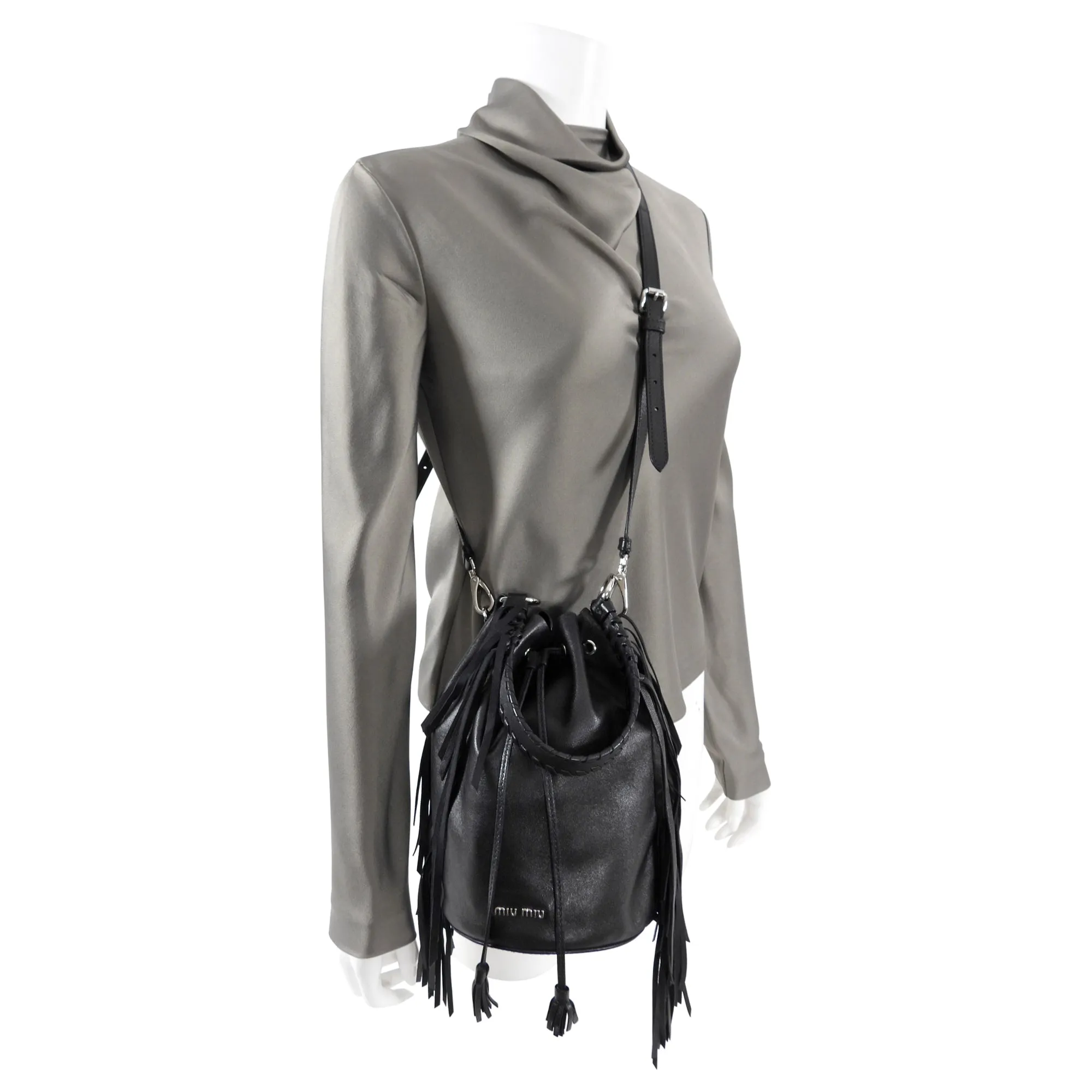 Miu Miu Black Leather Fringe Drawstring Bucket Bag