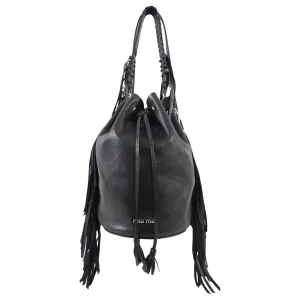 Miu Miu Black Leather Fringe Drawstring Bucket Bag