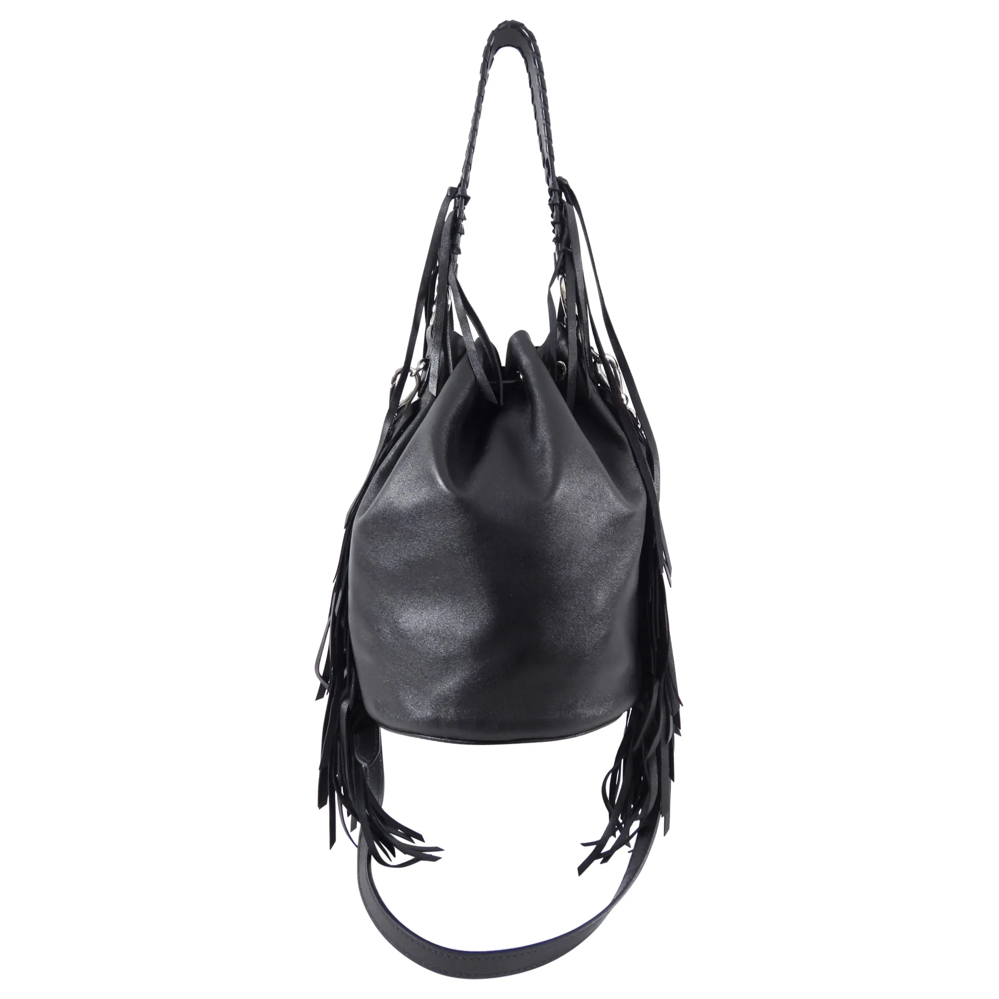 Miu Miu Black Leather Fringe Drawstring Bucket Bag