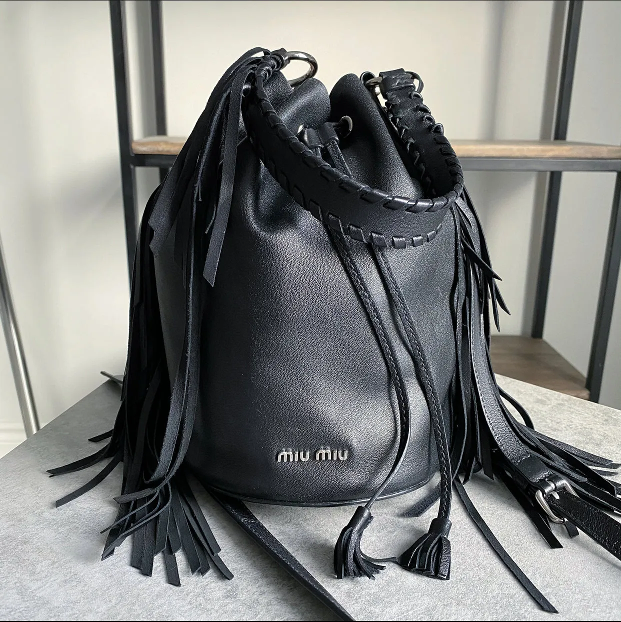 Miu Miu Black Leather Fringe Drawstring Bucket Bag