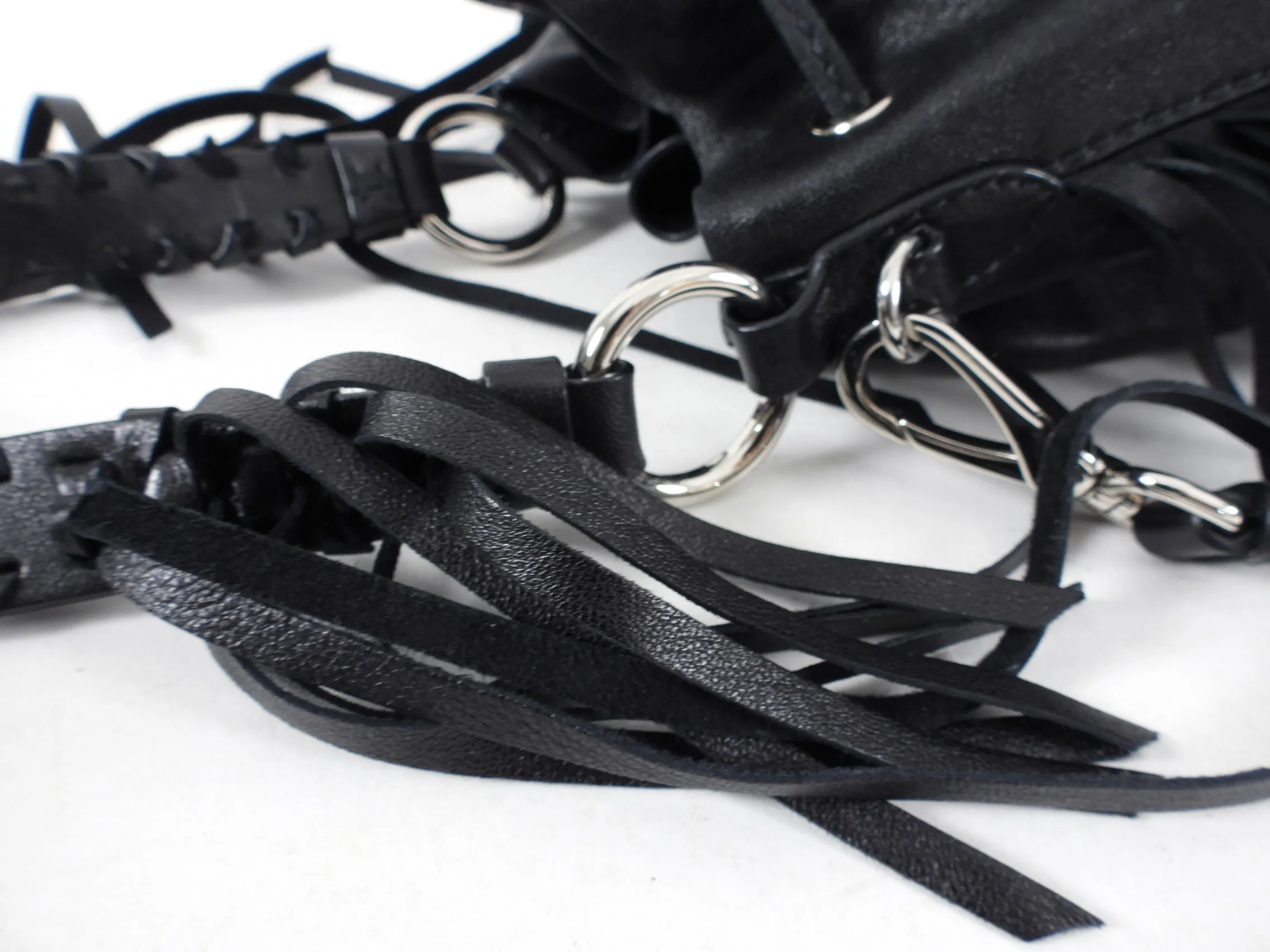 Miu Miu Black Leather Fringe Drawstring Bucket Bag