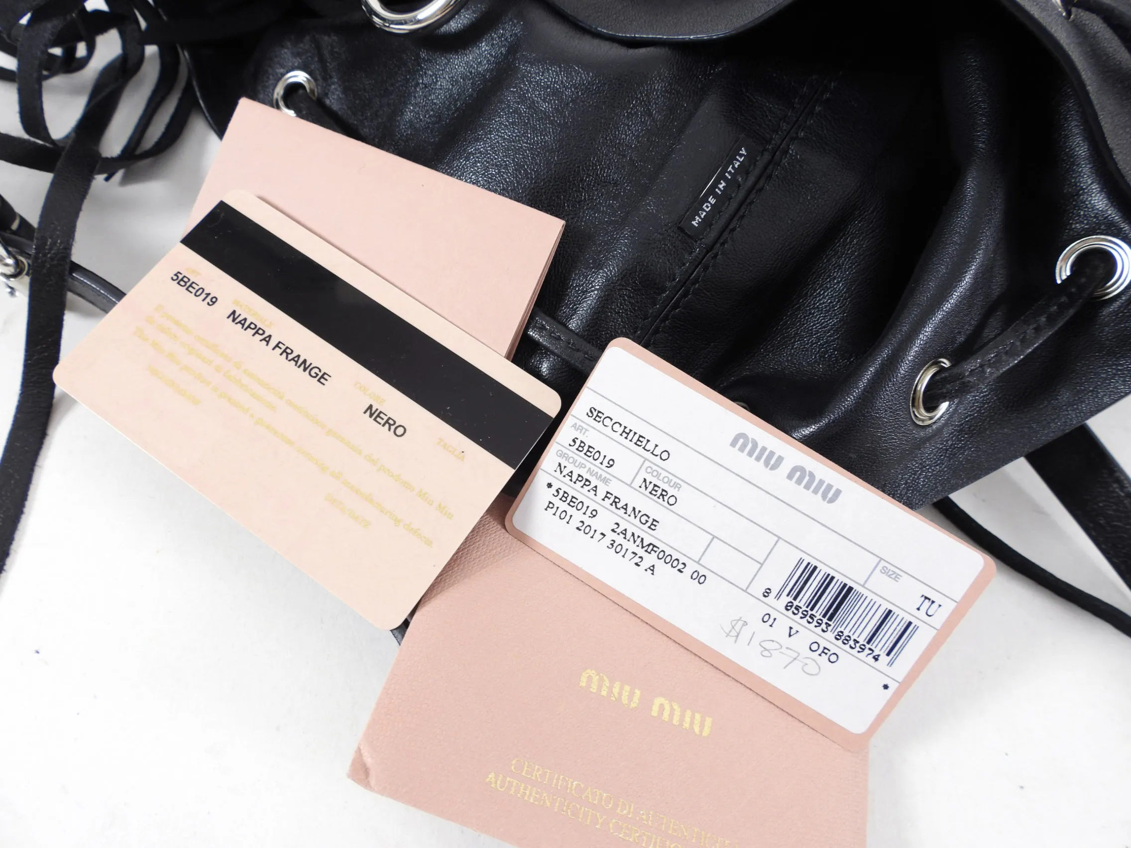 Miu Miu Black Leather Fringe Drawstring Bucket Bag