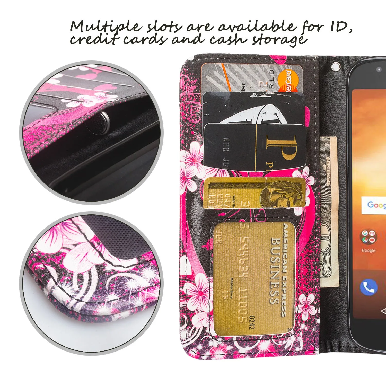 Motorola Moto G6 Play Case, G6 Forge, Wrist Strap Pu Leather Wallet Case [Kickstand] with ID & Credit Card Slots - Heart Butterflies