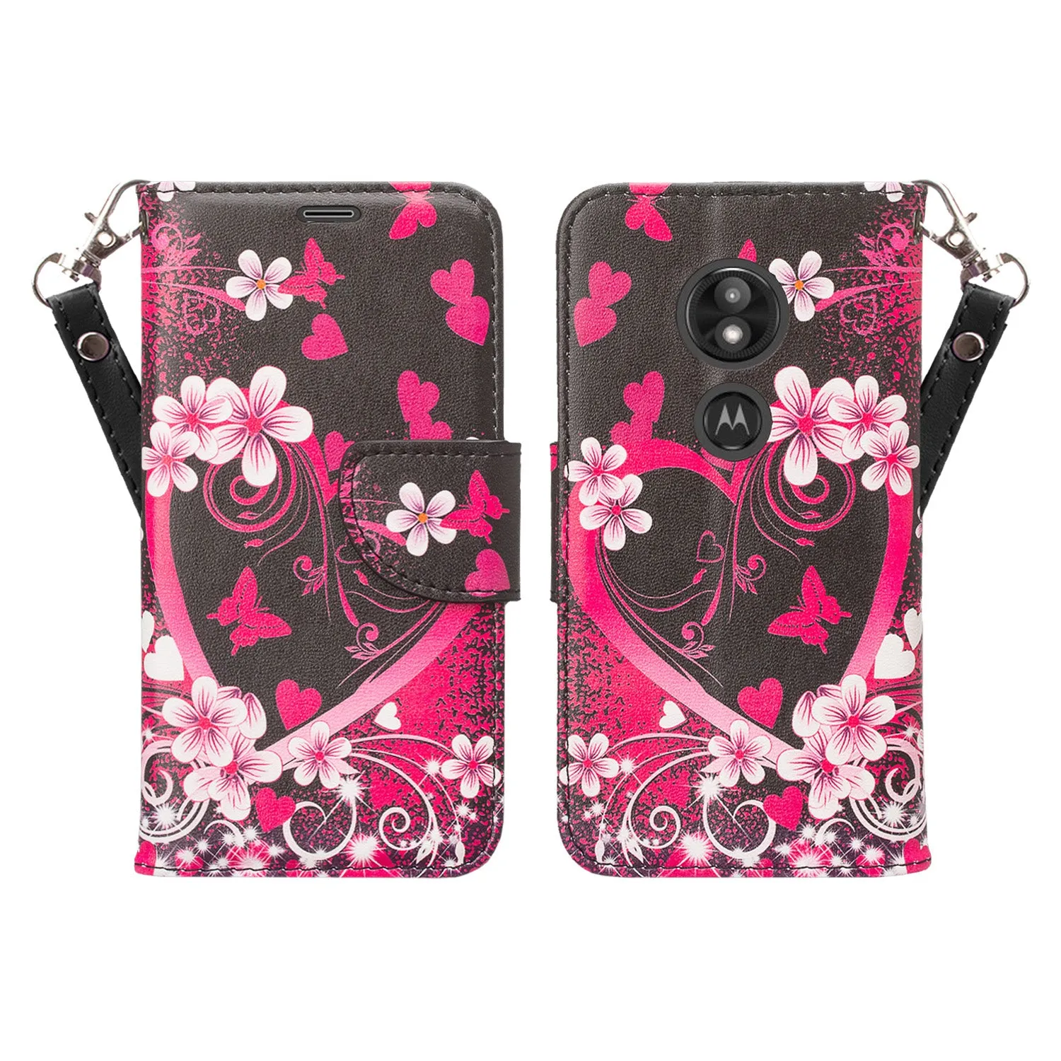 Motorola Moto G6 Play Case, G6 Forge, Wrist Strap Pu Leather Wallet Case [Kickstand] with ID & Credit Card Slots - Heart Butterflies