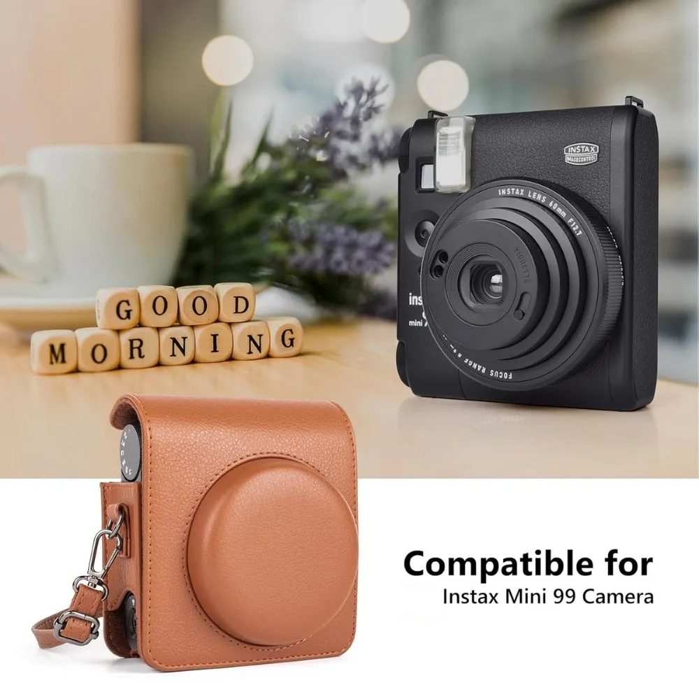 Pikxi Protective Leather Style Case for FUJIFILM Instax Mini 99 Instant Film Camera with Body Strap - Available in Brown and Black