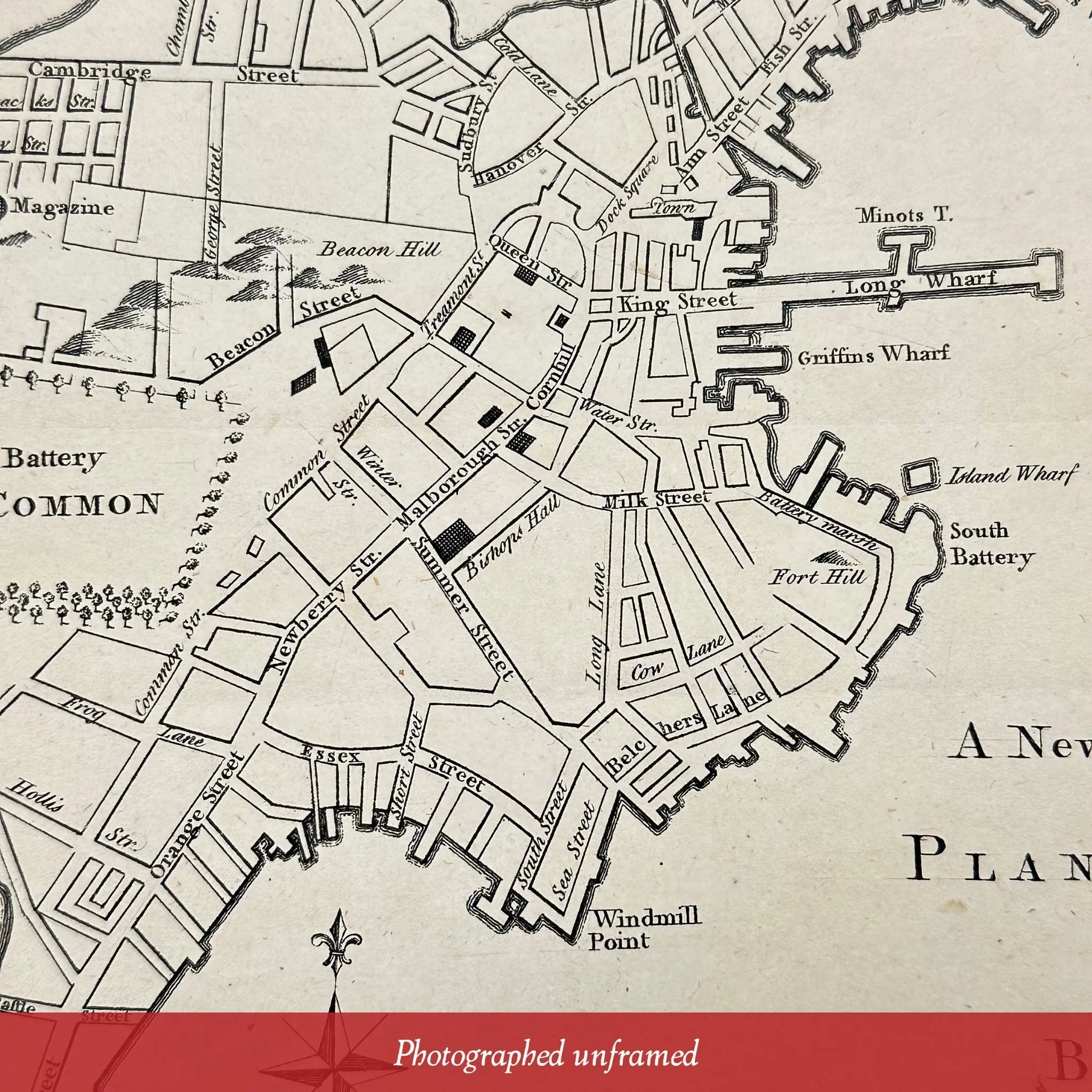 "A New and Correct Plan of the Town of Boston" from the "Gentleman's Magazine" — October 1775 — In an antique frame