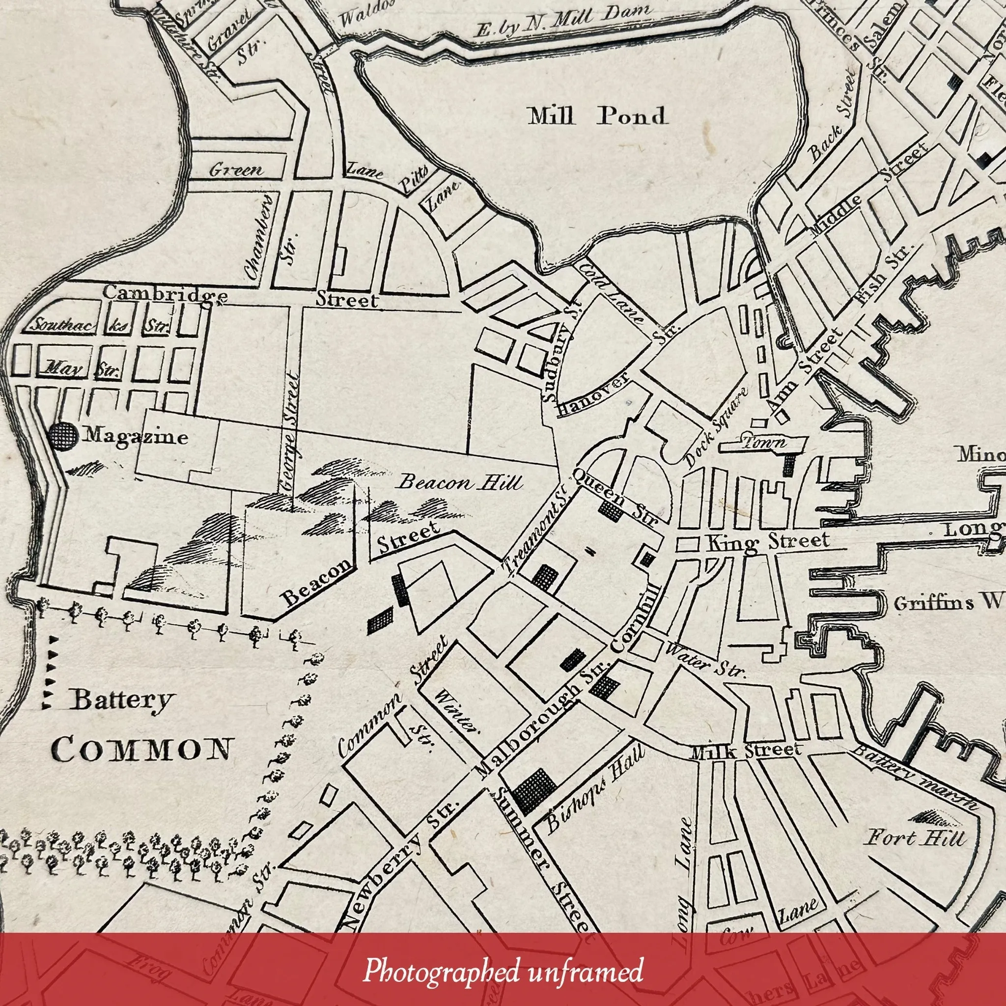 "A New and Correct Plan of the Town of Boston" from the "Gentleman's Magazine" — October 1775 — In an antique frame