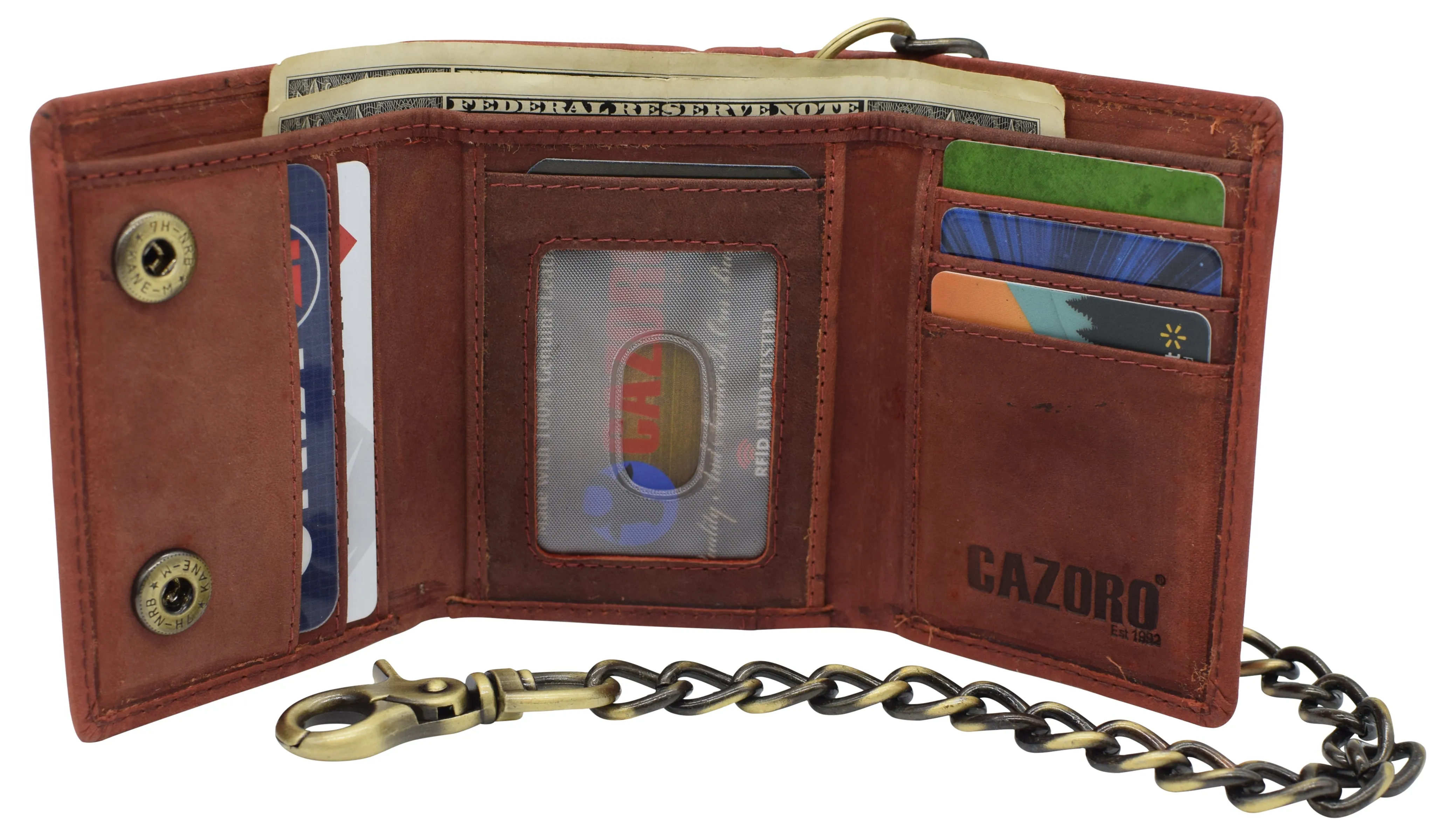 RFID0946HTC Men's RFID Blocking Trifold Vintage Leather Biker Chain Wallet With Snap Closure