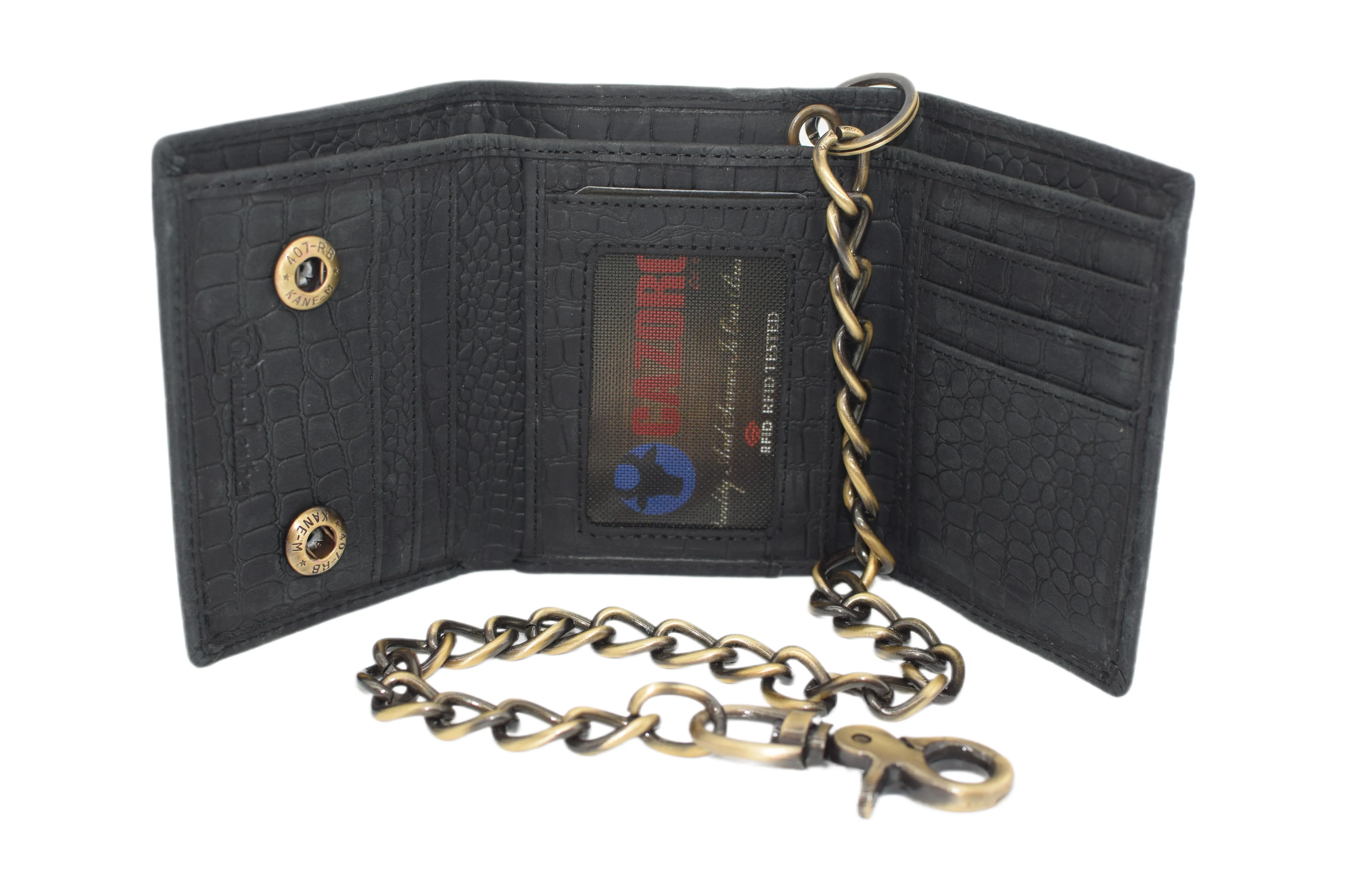 RFID0946HTC Men's RFID Blocking Trifold Vintage Leather Biker Chain Wallet With Snap Closure