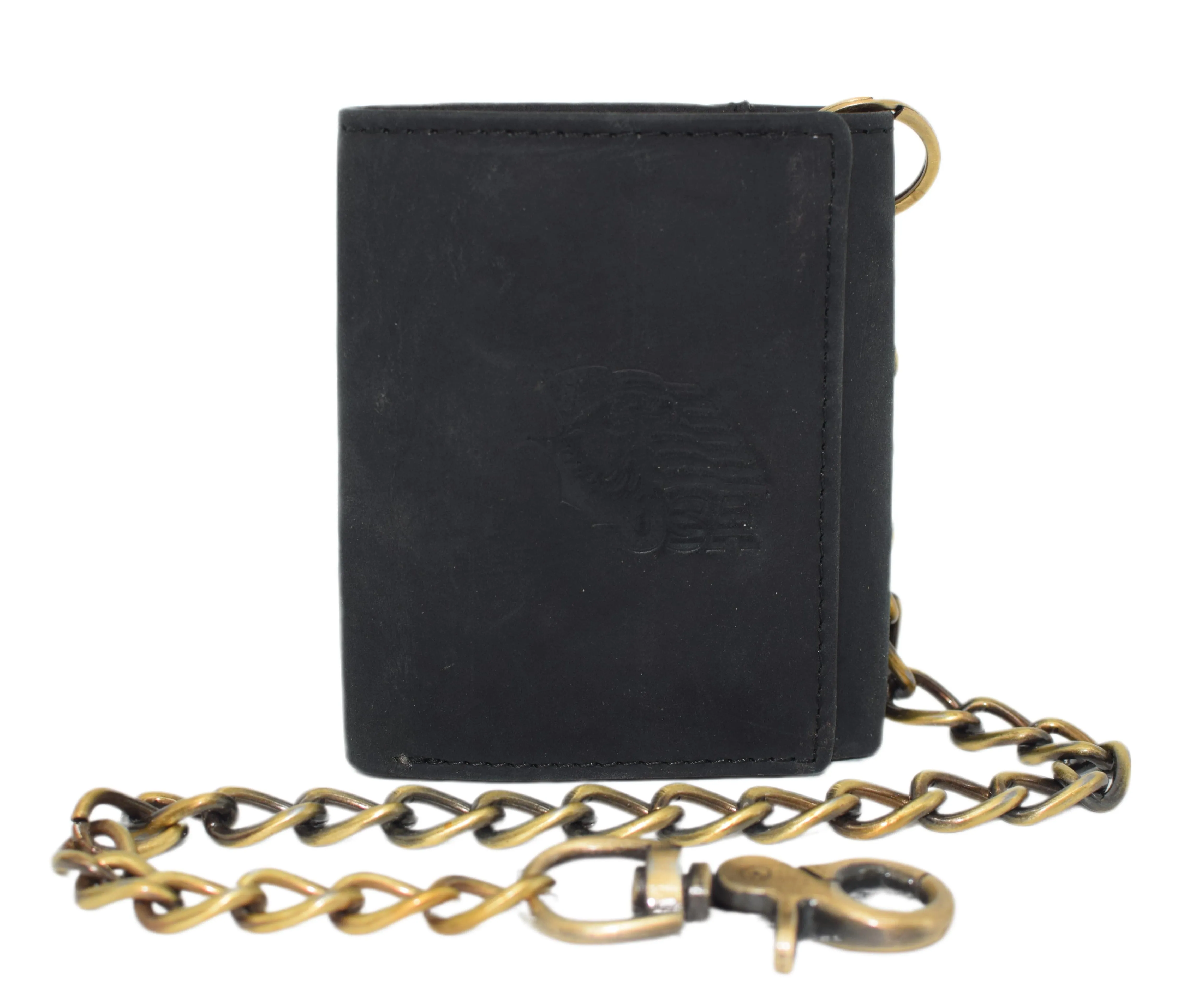 RFID0946HTC Men's RFID Blocking Trifold Vintage Leather Biker Chain Wallet With Snap Closure