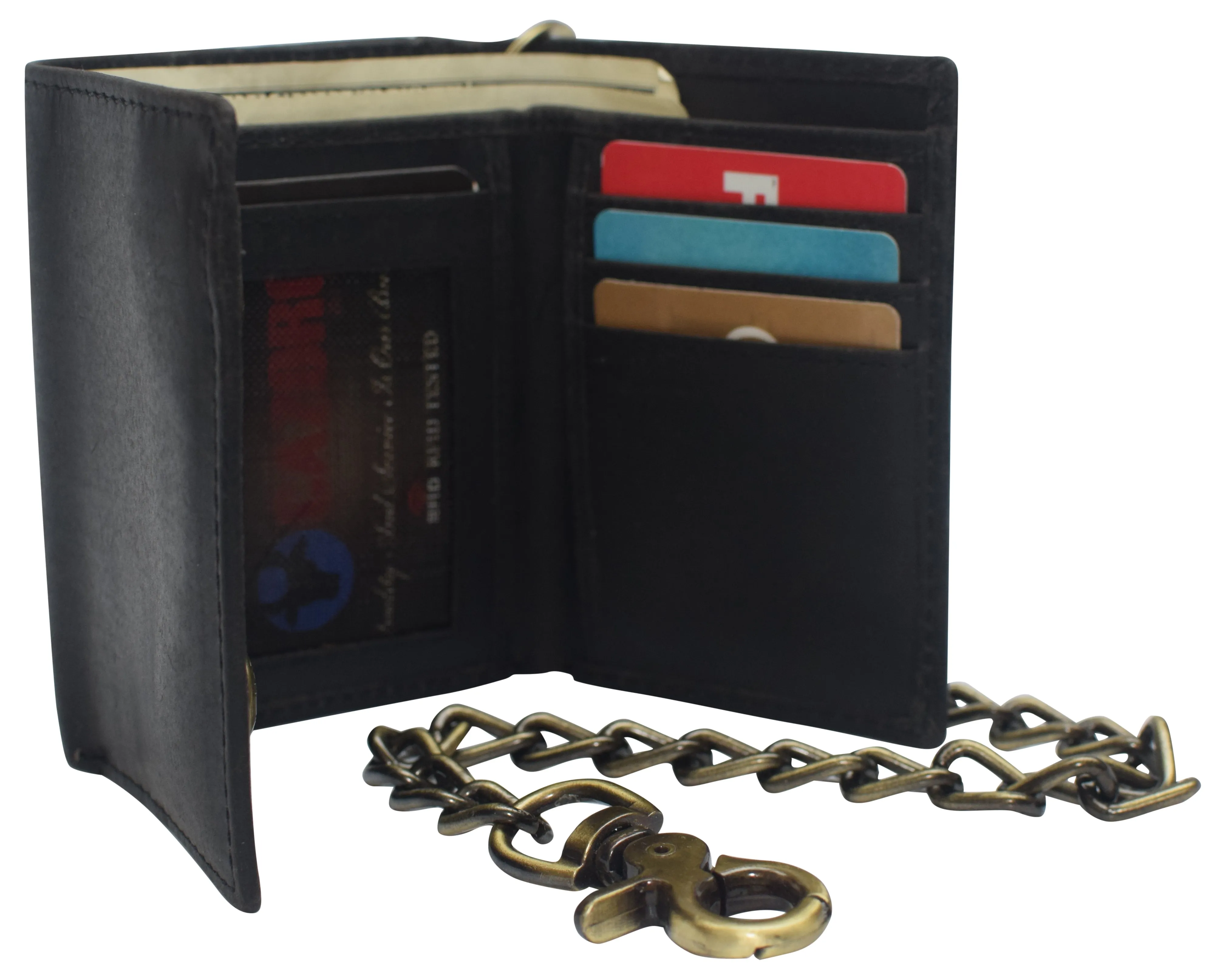 RFID0946HTC Men's RFID Blocking Trifold Vintage Leather Biker Chain Wallet With Snap Closure