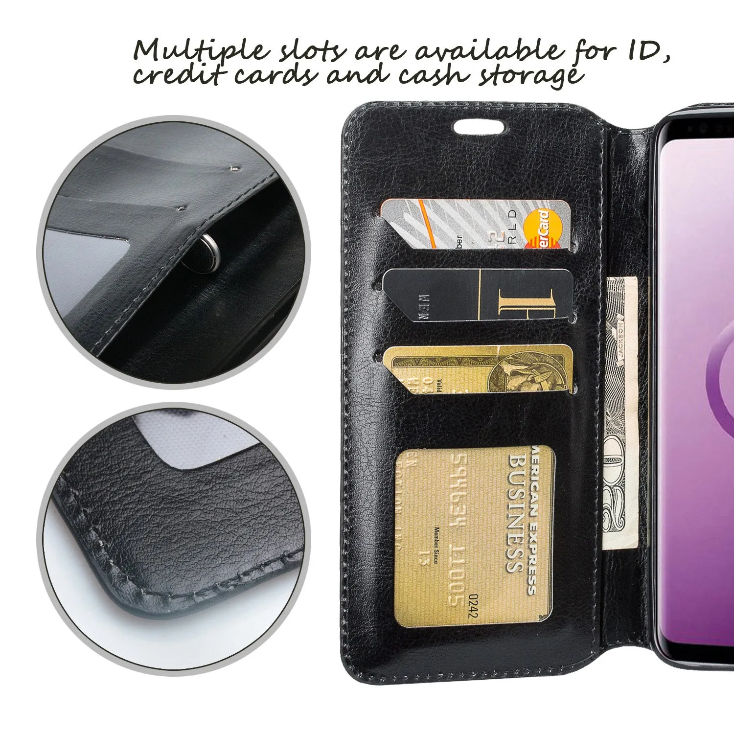 Samsung Galaxy S9 Plus Case, SM-G965U Wallet Case, Pu Leather Wallet Case [Kickstand] with ID & Credit Card Slots - Black