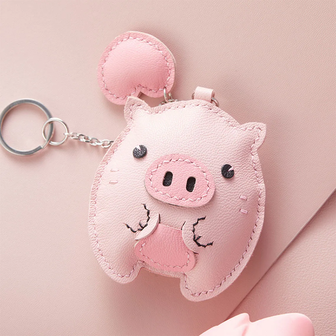 Sheep Leather Pink Piggy Keychain DIY Kit