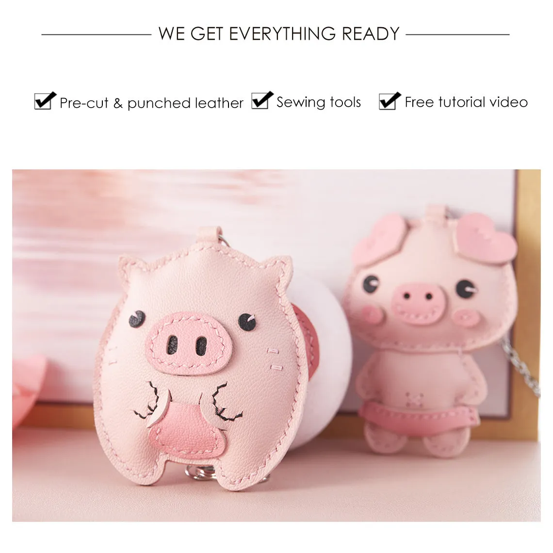 Sheep Leather Pink Piggy Keychain DIY Kit