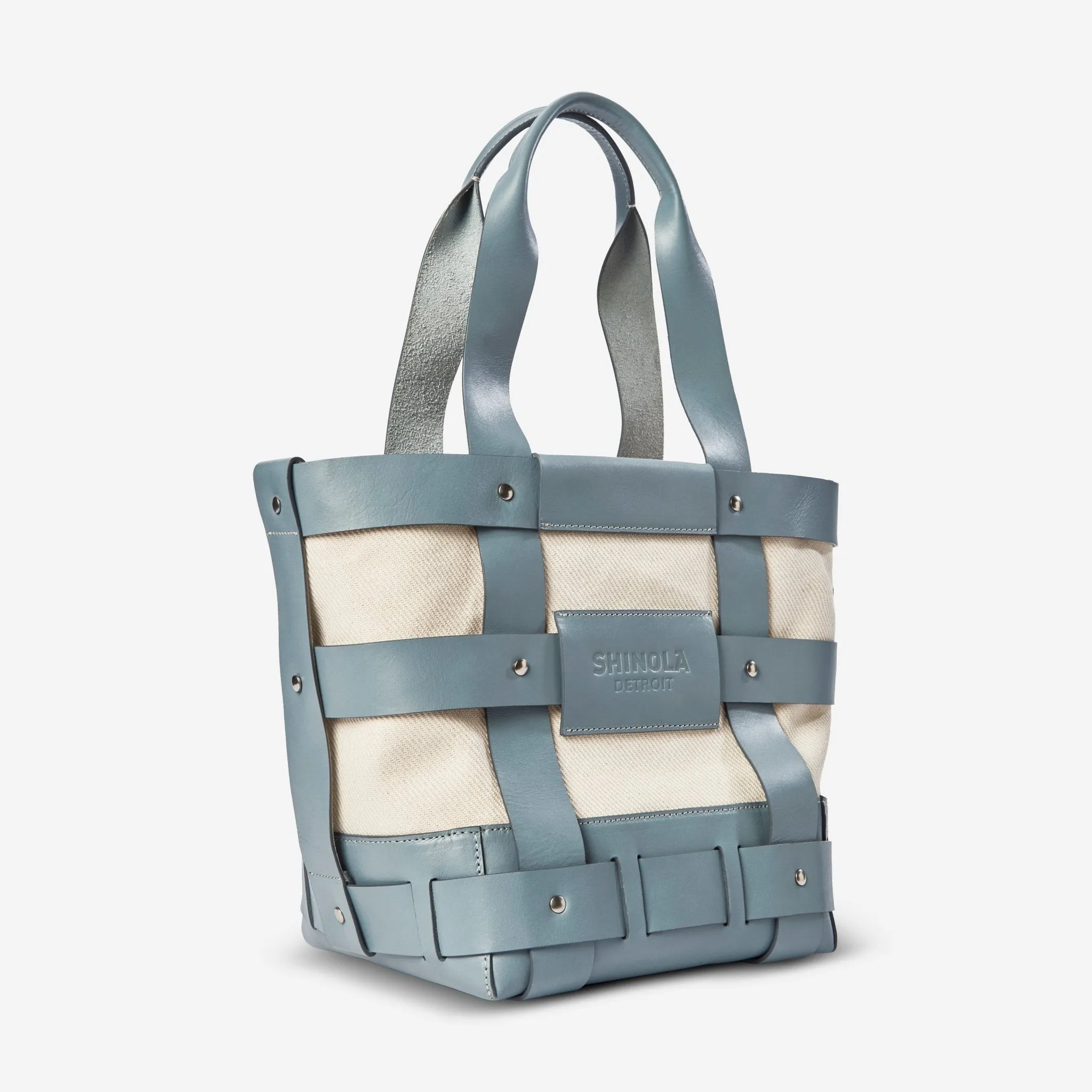 Shinola The Medium Bixby Cadet Blue Vachetta Leather Basket Top Handle Bag 20265347