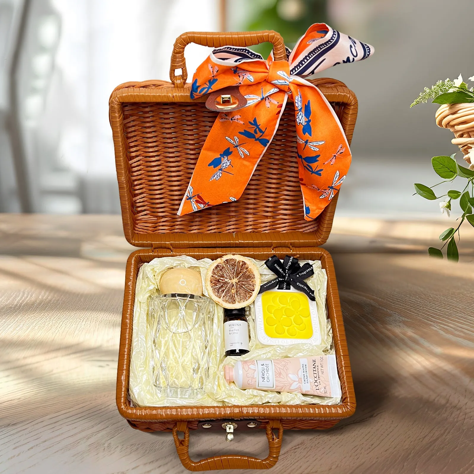 Thoughtful Spa Gift Set in Suitcase: Crystal Reed Diffuser, Hand Cream & Flower Petal Ornament
