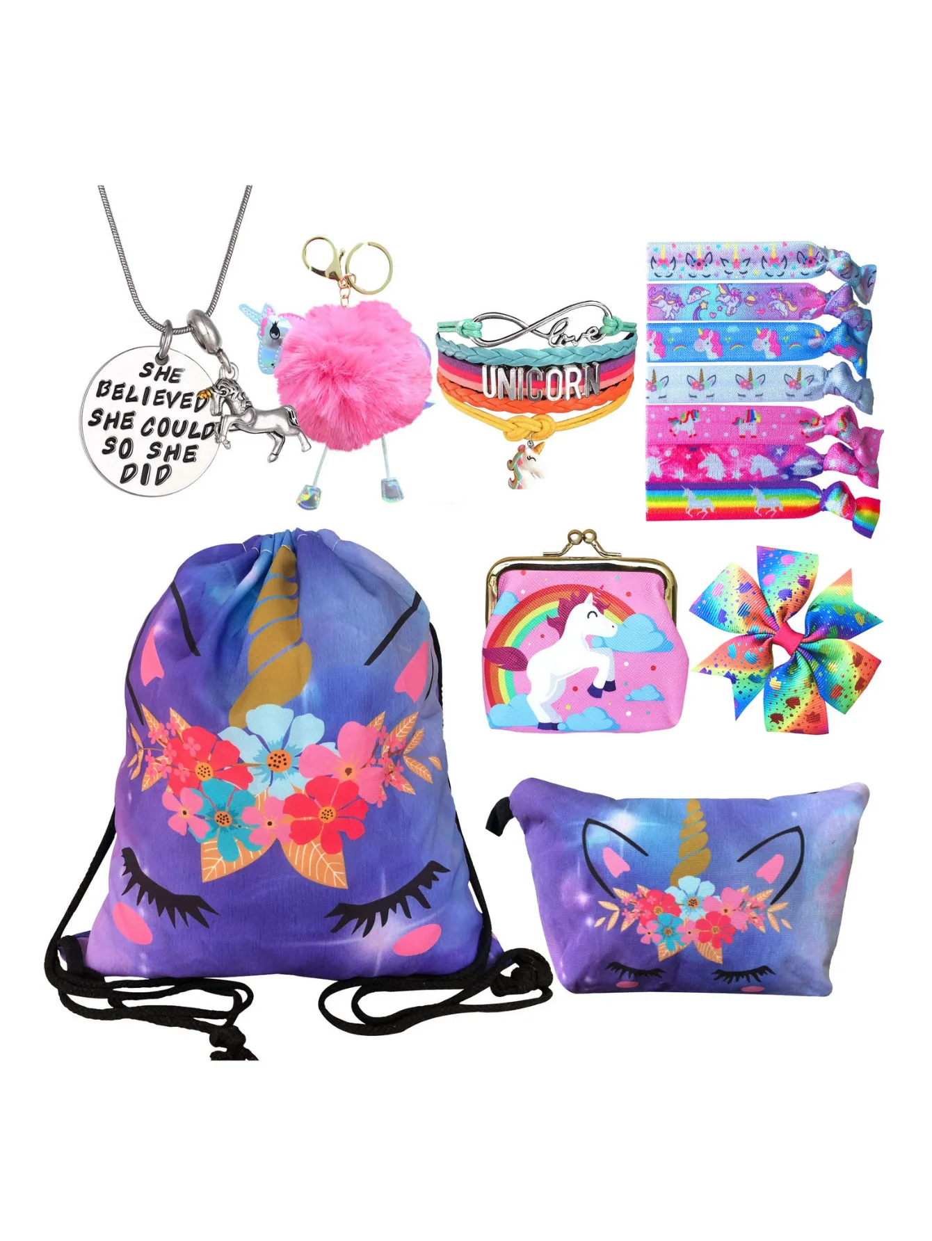 Unicorn Gifts for Girls - Unicorn Drawstring Backpack/Makeup Bag/Bracelet/Necklace/Hair Ties/Keychain/Sticker (Purple Flower 3)