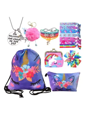 Unicorn Gifts for Girls - Unicorn Drawstring Backpack/Makeup Bag/Bracelet/Necklace/Hair Ties/Keychain/Sticker (Purple Flower 3)