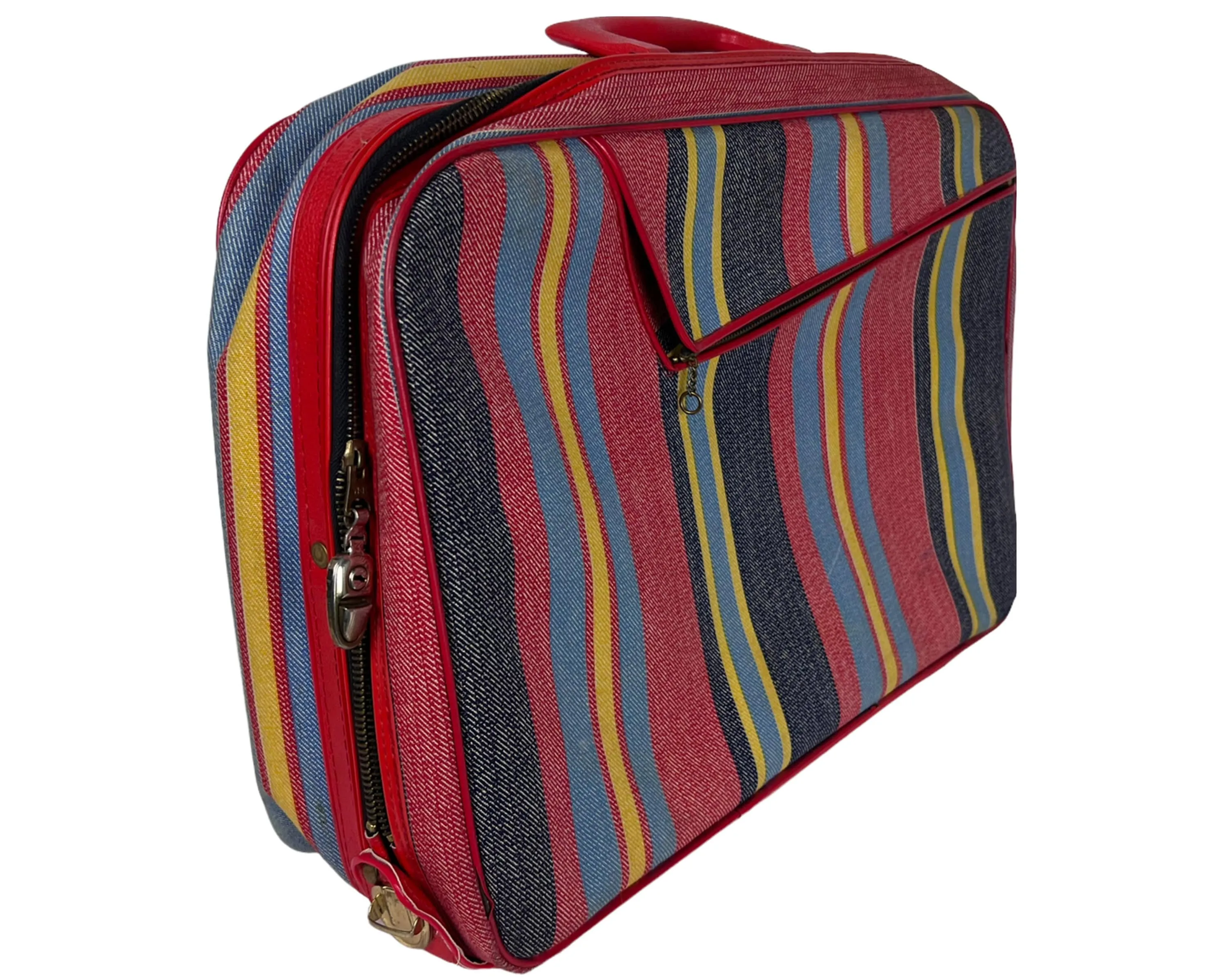 Vintage 1960s Suitcase Striped Carry On Travel Bag Luggage AD Sutton New York