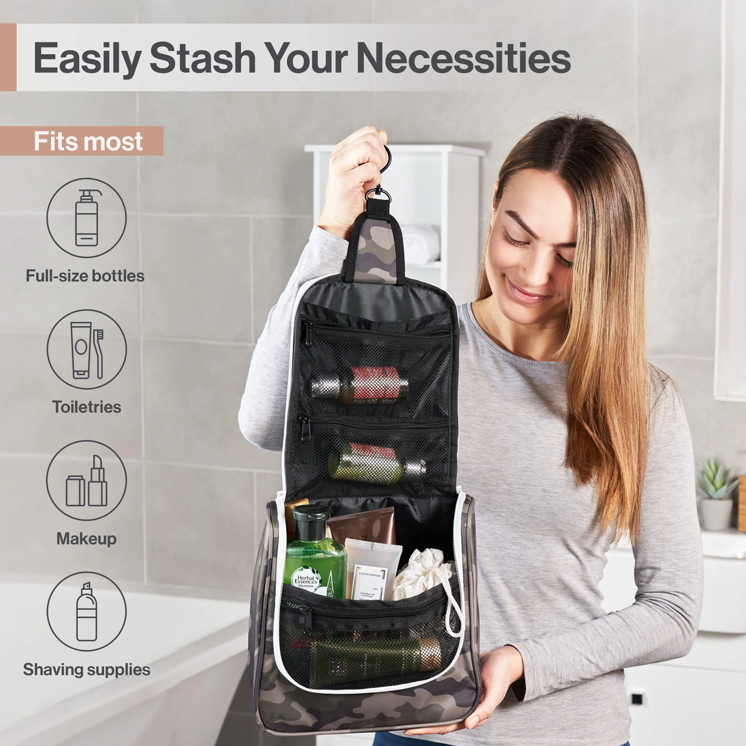Wayfarer Supply Hanging Travel Toiletry Bag - Large Cosmetic Bag Organizer for Toiletries, Makeup and Shaving Supplies - Cruise and Travel Essentials for Women & Men, Camouflage