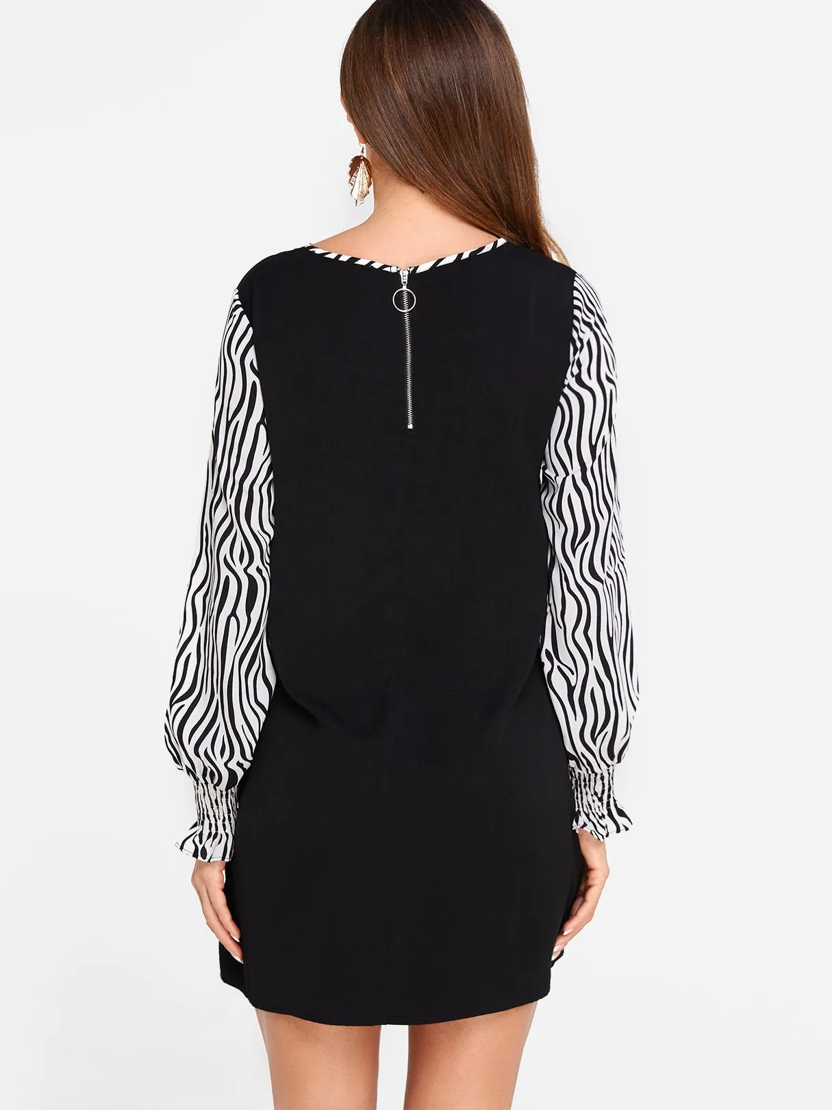 Wholesale Black V-Neck Long Sleeve Zebra Criss-Cross Mini Dress