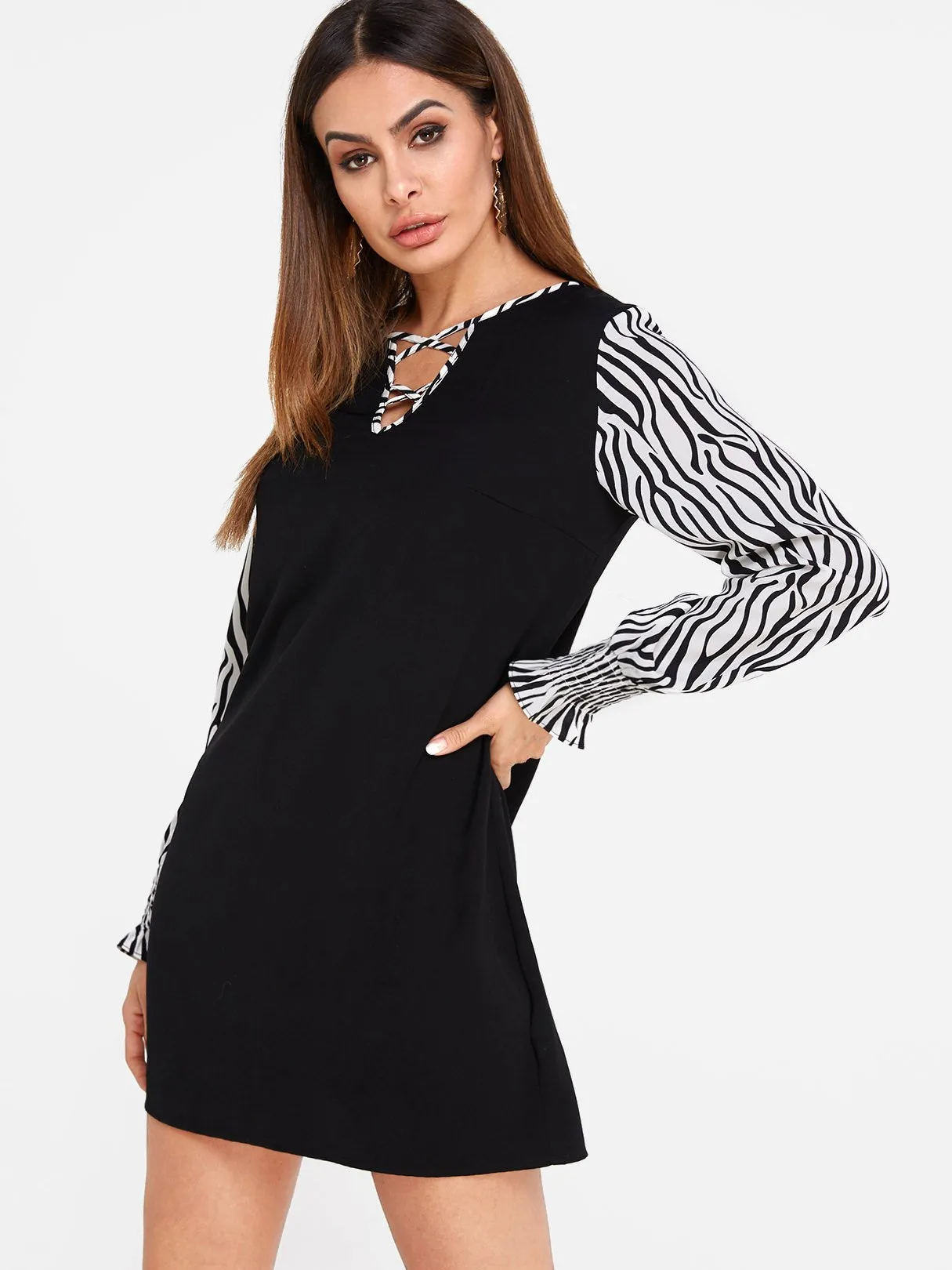 Wholesale Black V-Neck Long Sleeve Zebra Criss-Cross Mini Dress