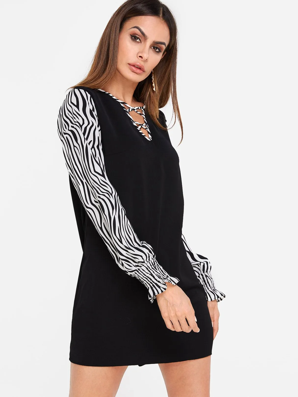 Wholesale Black V-Neck Long Sleeve Zebra Criss-Cross Mini Dress