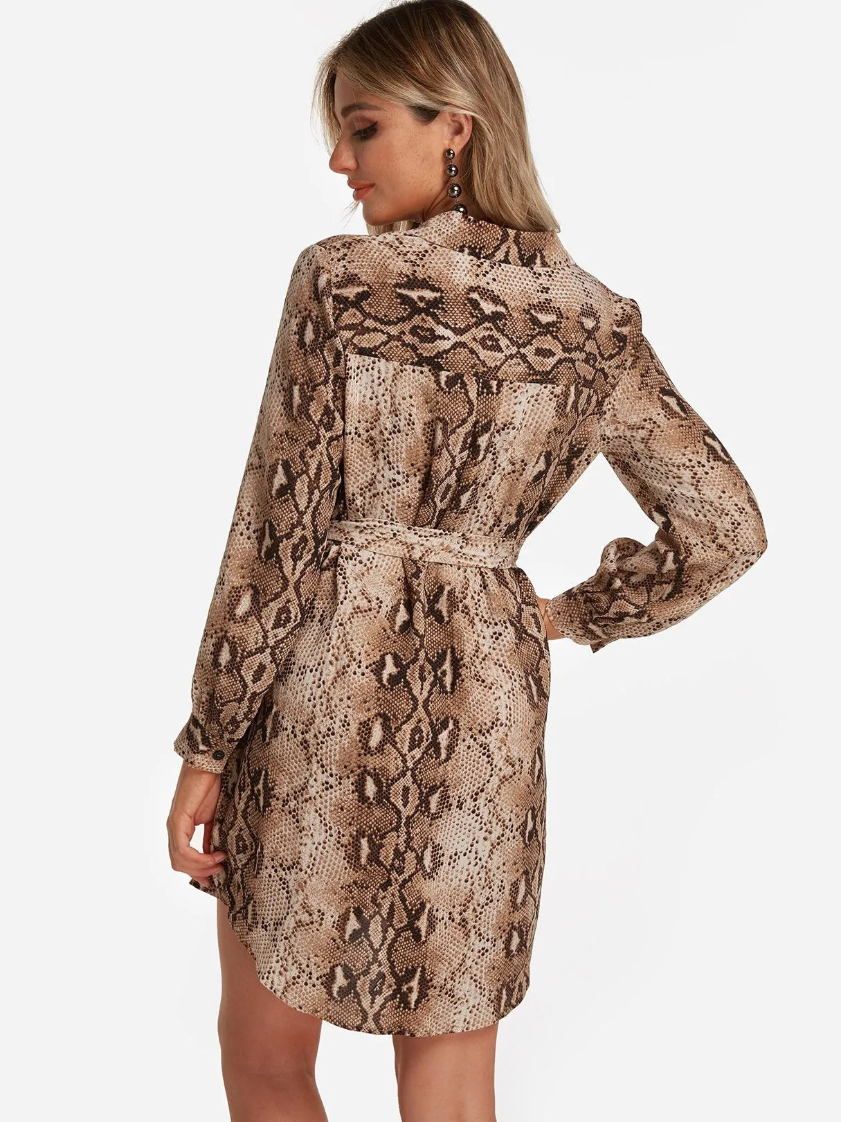Wholesale Brown V-Neck Long Sleeve Snake Self-Tie Mini Dress