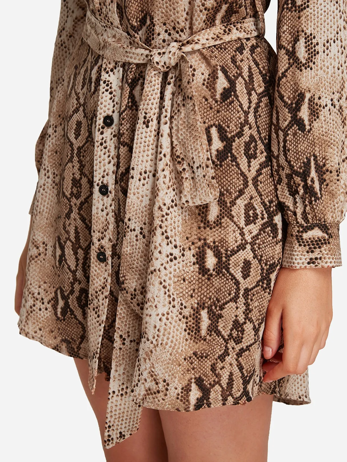 Wholesale Brown V-Neck Long Sleeve Snake Self-Tie Mini Dress