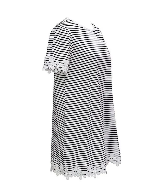 Wholesale Crew Neck Short Sleeve Stripe Lace Mini Dress