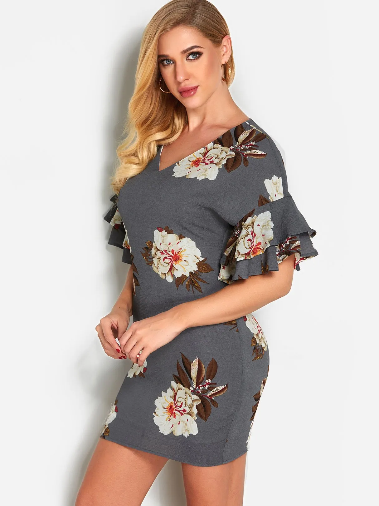 Wholesale Grey V-Neck Short Sleeve Floral Print Mini Dress