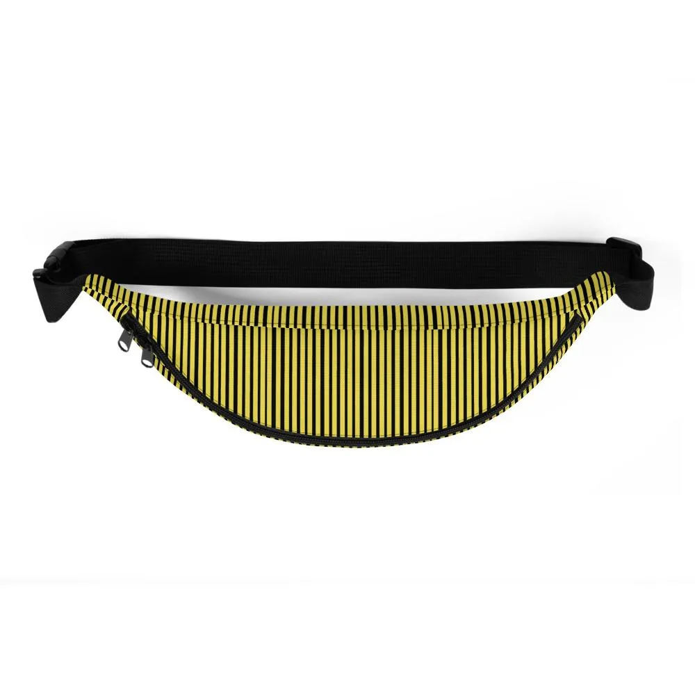 Yellow Black Striped Fanny Pack, Vertical Stripe Print Premium Designer Fanny Pack Belt Bag - Made in USA