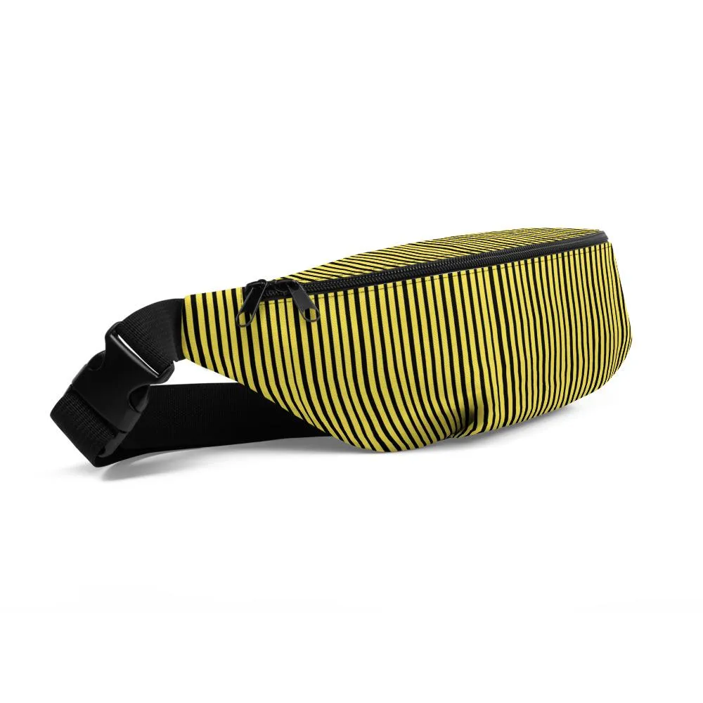 Yellow Black Striped Fanny Pack, Vertical Stripe Print Premium Designer Fanny Pack Belt Bag - Made in USA