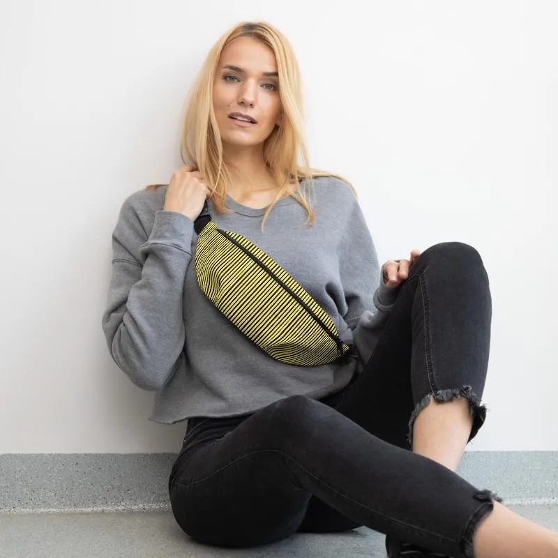 Yellow Black Striped Fanny Pack, Vertical Stripe Print Premium Designer Fanny Pack Belt Bag - Made in USA