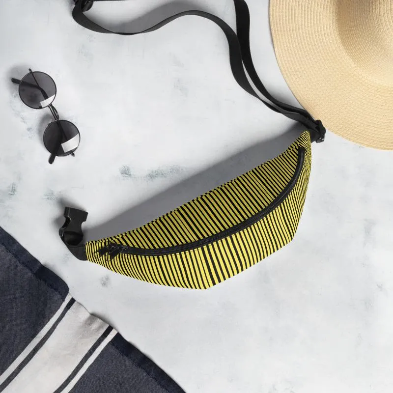 Yellow Black Striped Fanny Pack, Vertical Stripe Print Premium Designer Fanny Pack Belt Bag - Made in USA