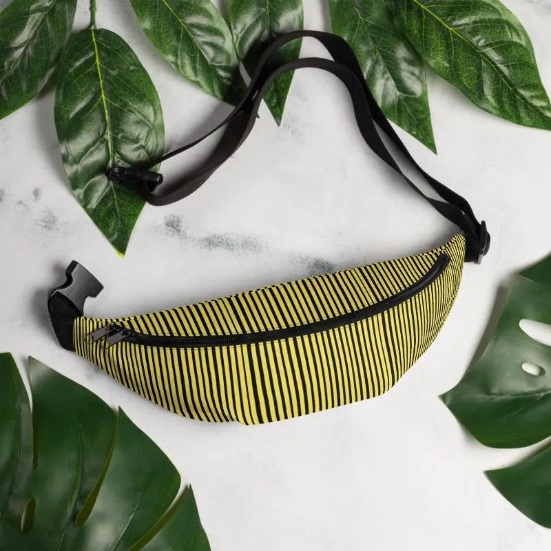 Yellow Black Striped Fanny Pack, Vertical Stripe Print Premium Designer Fanny Pack Belt Bag - Made in USA