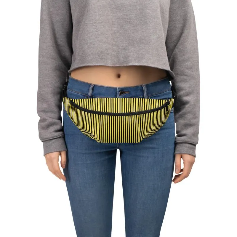 Yellow Black Striped Fanny Pack, Vertical Stripe Print Premium Designer Fanny Pack Belt Bag - Made in USA